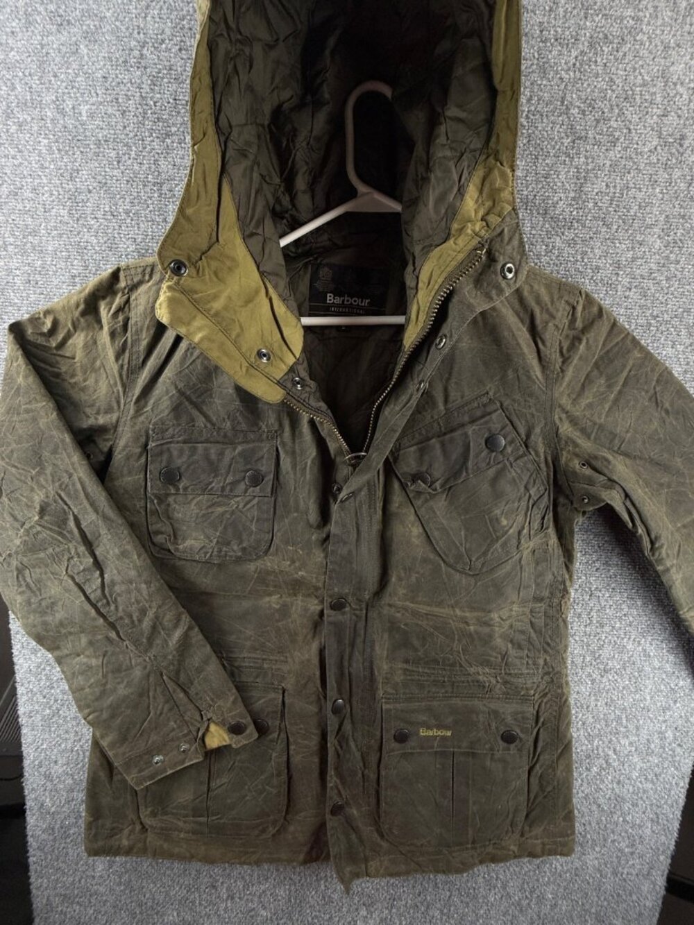 Barbour International Retail Fog Parka Green Wax Jacket Large Hooded Zip Women